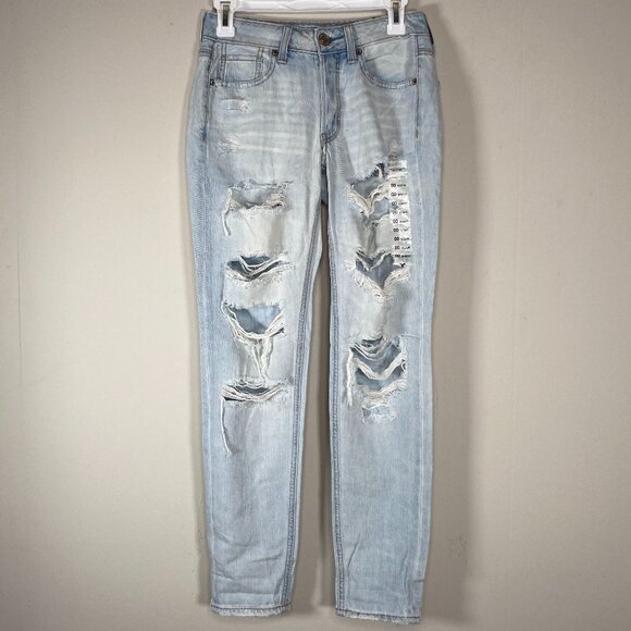 American Eagle Tom Girl Denim Jeans Women's 00 Hydrangea Blue Distressed NWT - Picture 1 of 15